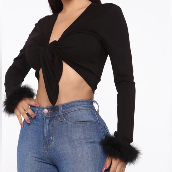Fashion Nova Tops - Love On My Mind Tie-Front Top with Faux Fur Cuffs